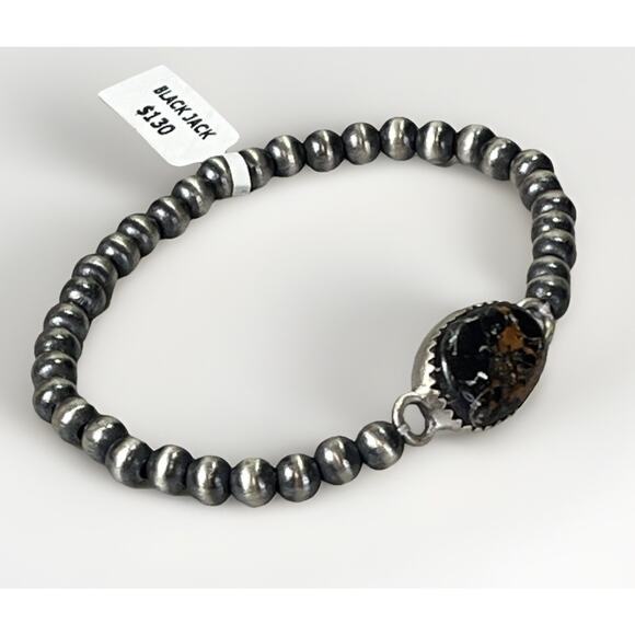 Native American Sterling Silver Pearl & Black Jack Turquoise Navajo Bracelet 7.5 - Picture 7 of 10